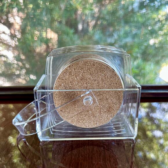 Vintage Clear Lucite and Cork Coaster Set with Holder – 6 Coasters with Caddy - Picture 1 of 13